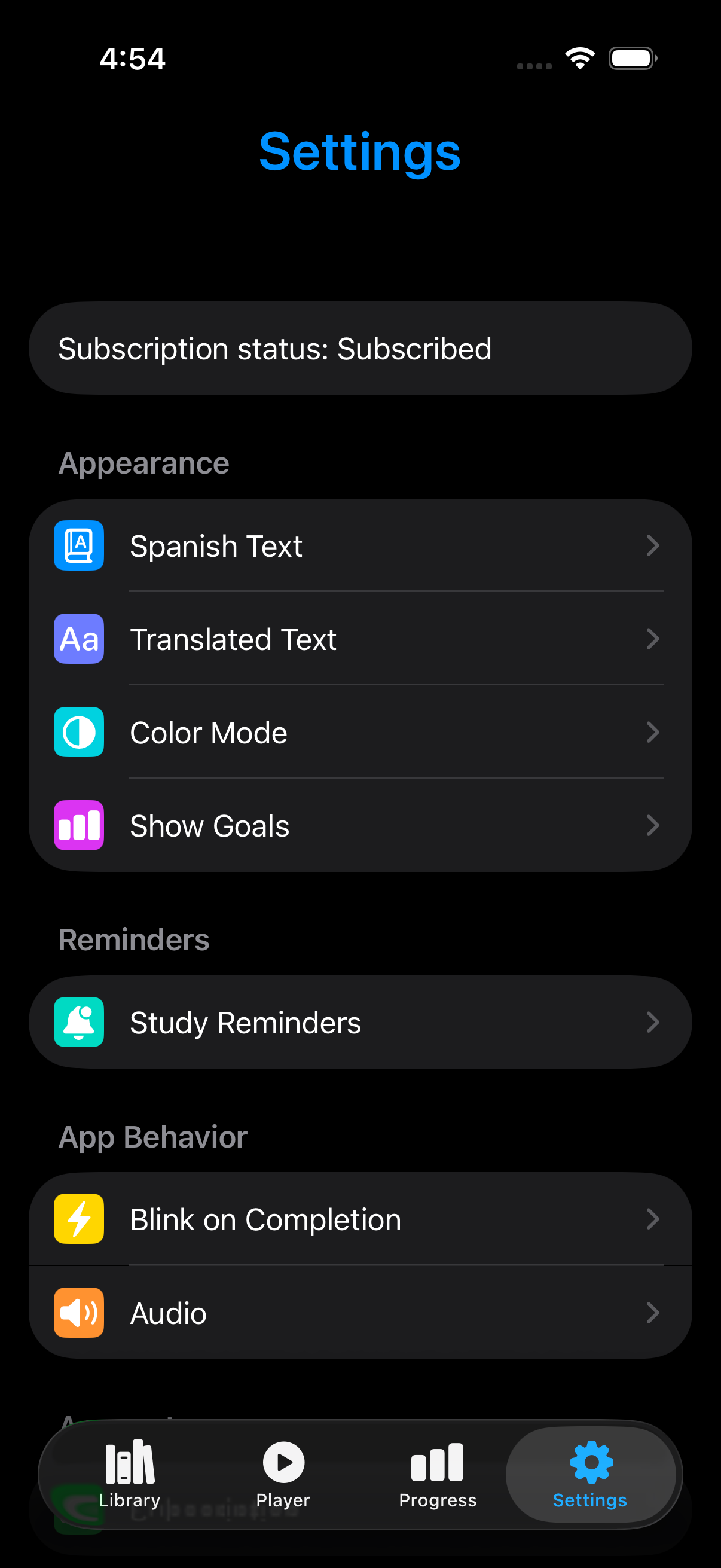 Settings page in the Hear&Repeat app