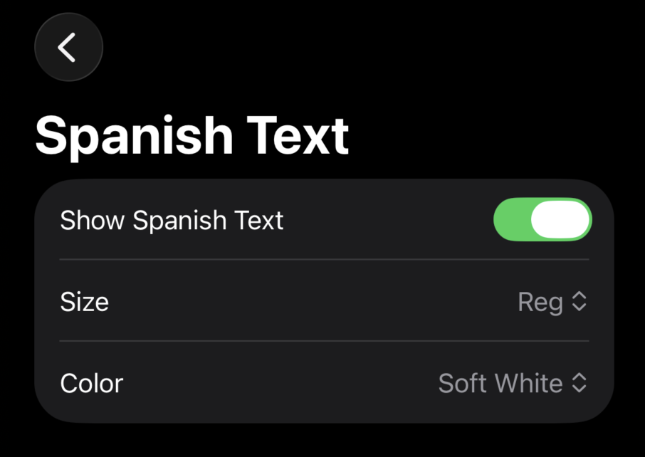 Spanish and translated text appearance settings