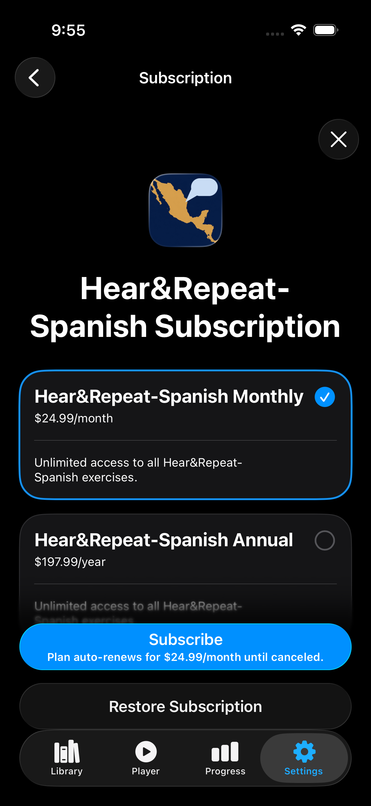 Subscription options and restore purchase control